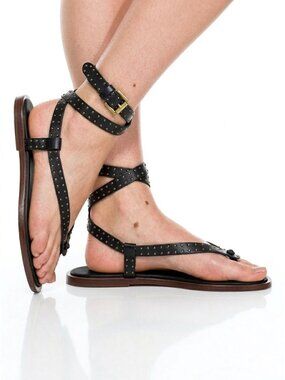 Joie Jennie Studded Flat Sandal Black Leather 8.5 Wrap Up